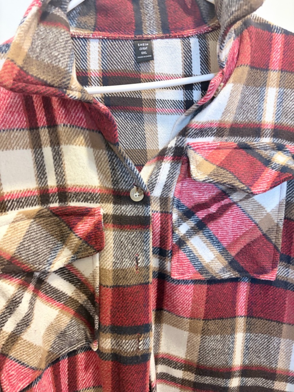 NWOT SHEIN Plaid Shacket in Burgundy, Brown & Cream - Picture 8 of 11